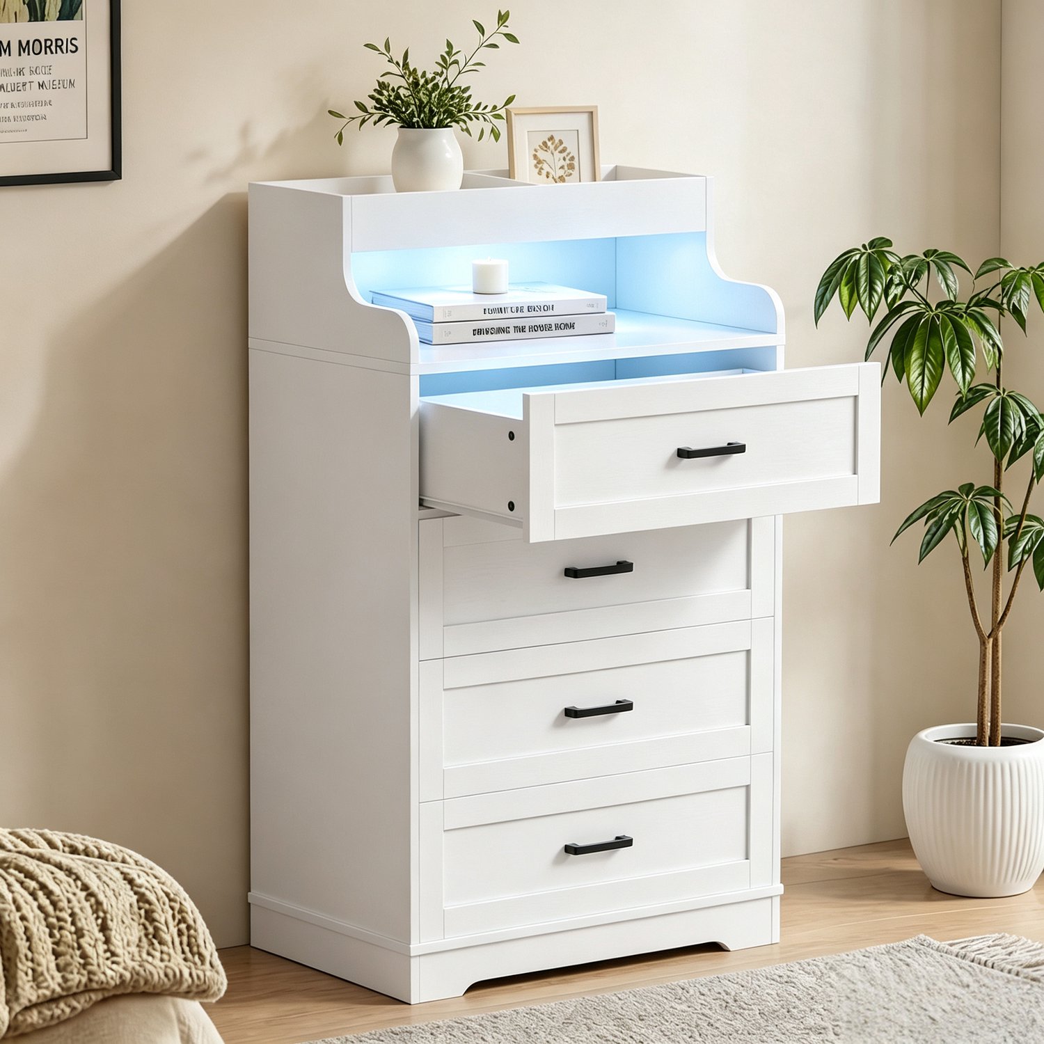 Witte Ladekast met LED Verlichting en Stopcontacten, 4 Laden Commode Opbergkast voor Slaapkamer Woonkamer en Hal, Modern Dressoir, 73 x 40 x 114 cm
