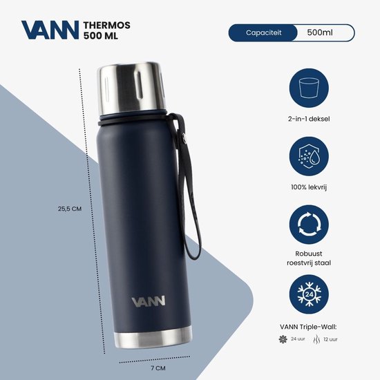 VANN® Kleine Thermoskan 500 ML – 3-Wandige RVS Thermosfles voor Koffie & Thee – 2-in-1 Dop als Beker – 100% Plasticvrij – Donkerblauw – VANN Ritual Thermos® — cadeau in Koken & Dineren - foto 2