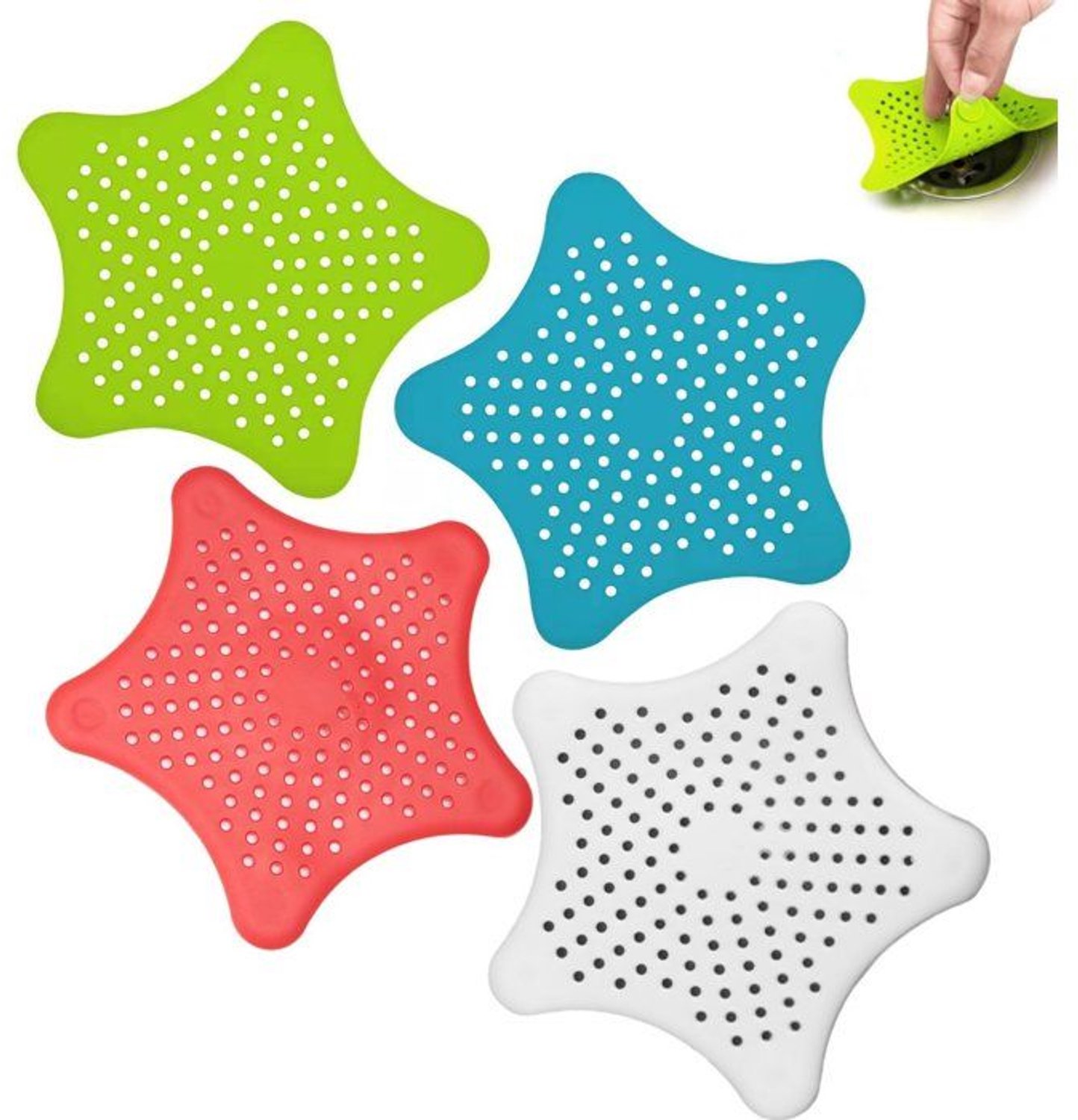 Siliconen haarfilter voor de gootsteenafvoer, zeestervormig, 4-delige set, met zuignap, voor keuken/badkamer