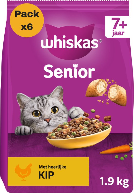 Paarse zak Whiskas Senior 7+ droogvoer met kip, inclusief grijze kat, een schaaltje brokken en wortel.