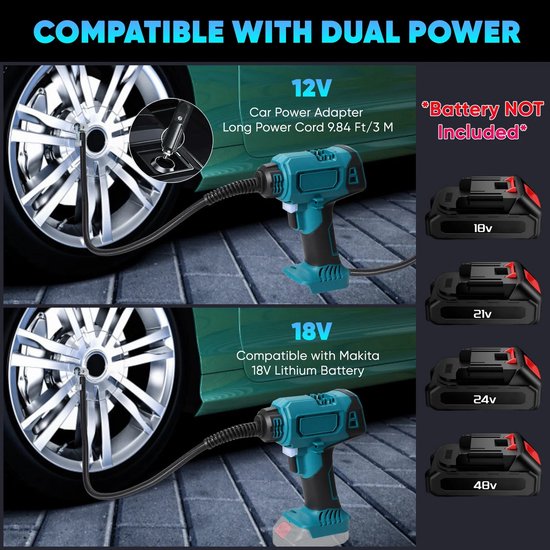 Heidat accu compressor - Luchtcompressor - Incl 2 x accu - Bandenpomp 18V - Auto en fiets - Digitaal en Led - Met 12V auto-aansluiting — afbeelding 4