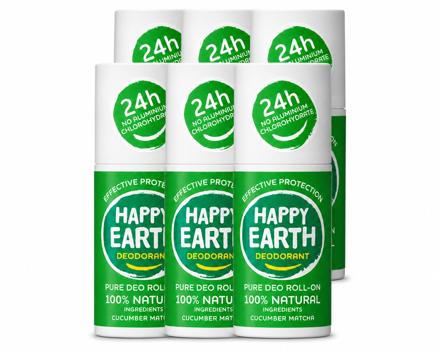 6 x Happy Earth – Deodorant Roll-On – 100% Natuurlijk Cucumber Matcha – 75 ml - Voordeelverpakking - 6 stuks