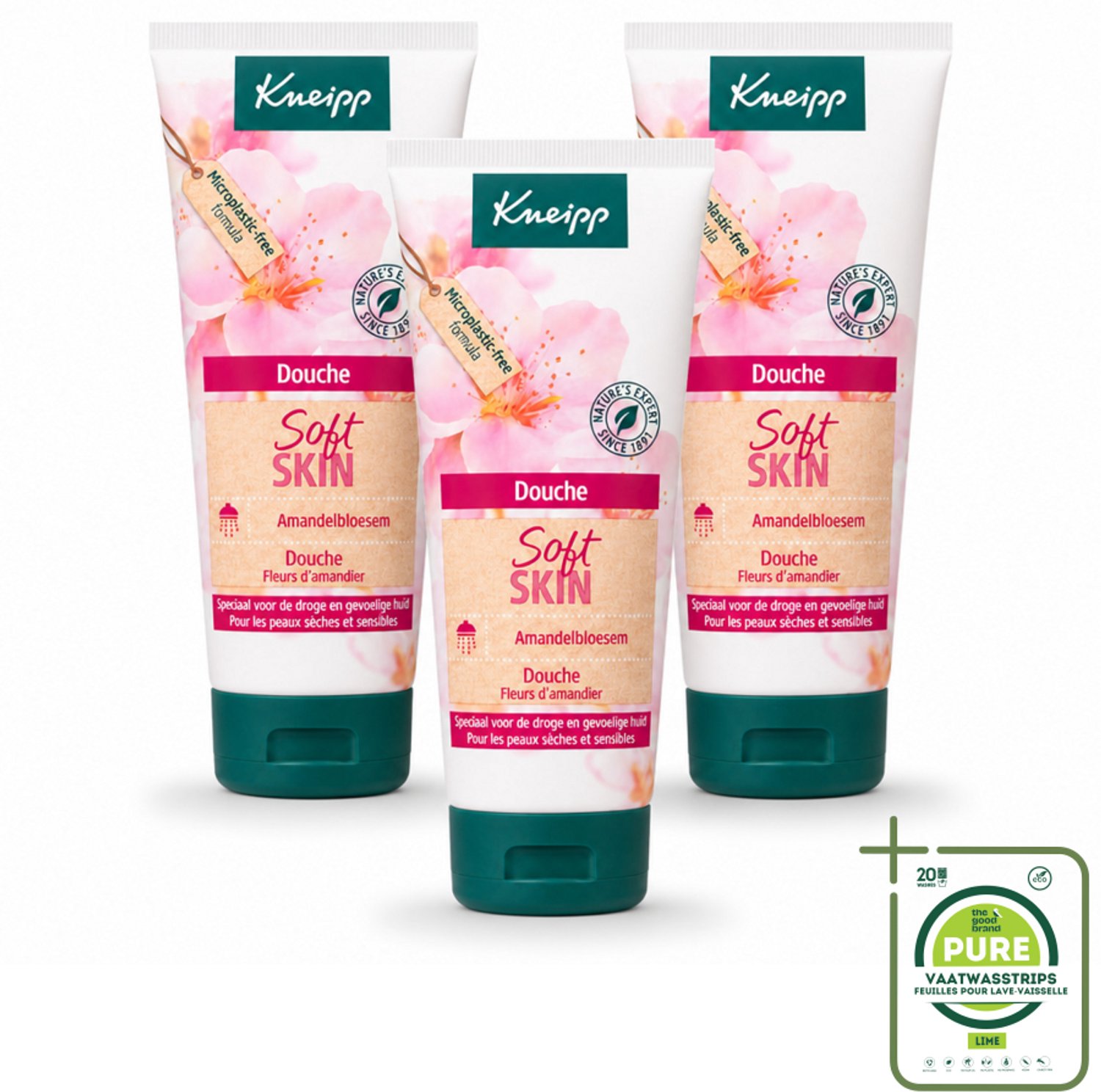 3 x Kneipp – Amandel – Douche – 75 ml - Grootverpakking - Vaatwasstrips - Douchegel - Amandelolie - Sheabutter - Droge Huid - Gevoelige Huid