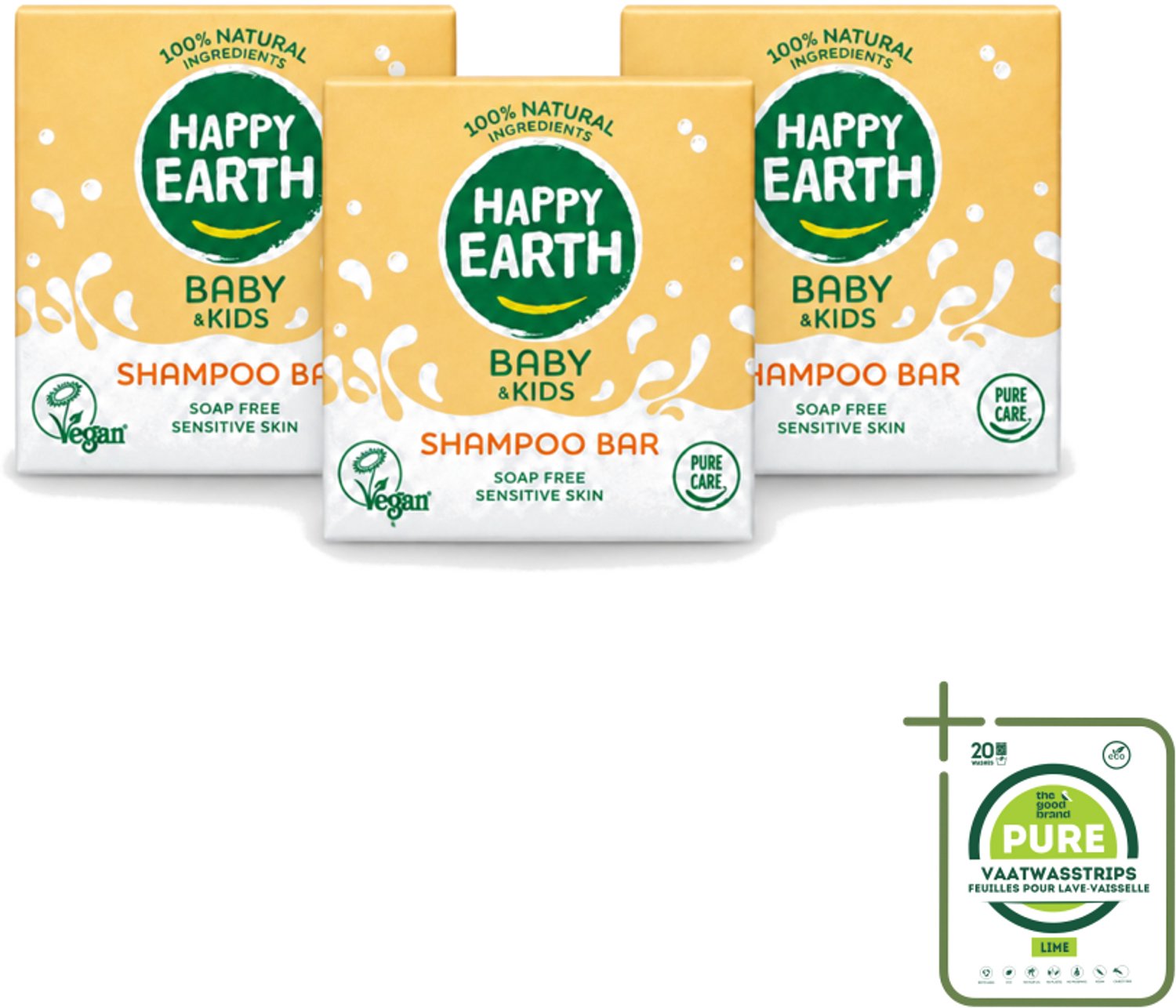 3 x Happy Earth – Shampoo Bar – 100% Natuurlijk Baby & Kids – 50 g - Grootverpakking - Vaatwasstrips - Baby Haar Verzorging - Kind Haar Shampoo - Natuurlijke Shampoo Bar - Zeepvrije Shampoo - Allergievrije Shampoo