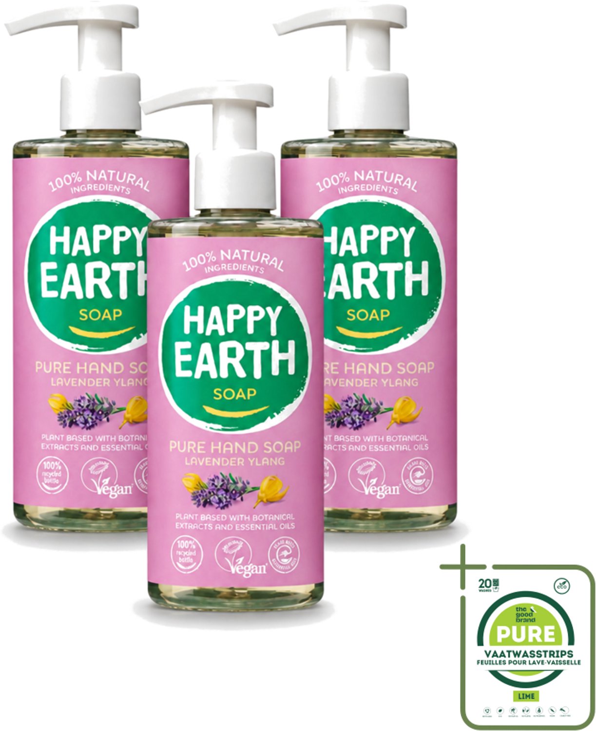 3 x Happy Earth – Handzeep – 100% Natuurlijk Lavender Ylang – 300 ml - Grootverpakking - Vaatwasstrips - Natuurlijke Handzeep - Vegan Handzeep - Lavendel Handzeep - Ylang Handzeep - Huidvriendelijke Handzeep