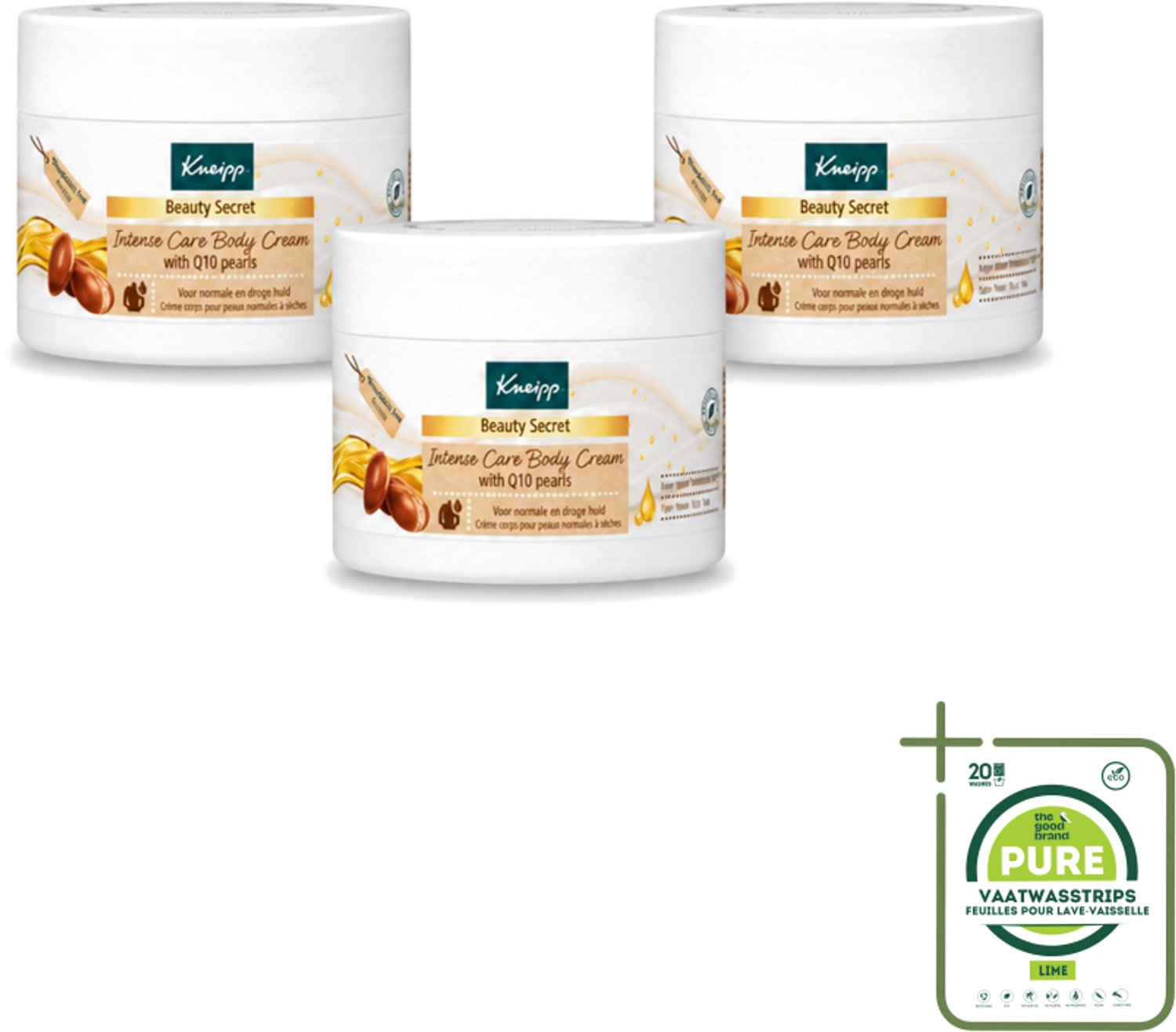 3 x Kneipp - Body crème - Beauty Secret - Met Q10 parels - 200 ml - Grootverpakking - Vaatwasstrips - Beauty Secret - Huid Verzorging - Q10 Parels - Shea Butter - Natuurlijke Oliën