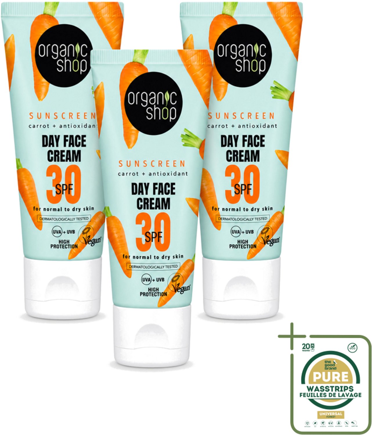 3 x Organic Shop - Zonnebrandcrème Gezicht SPF 30 - Normale Huid - 50 ml - Wasstrips - Zonnebrandcrème - Gezichtsbescherming - SPF 30 - Huidbescherming - UVA/UVB Bescherming