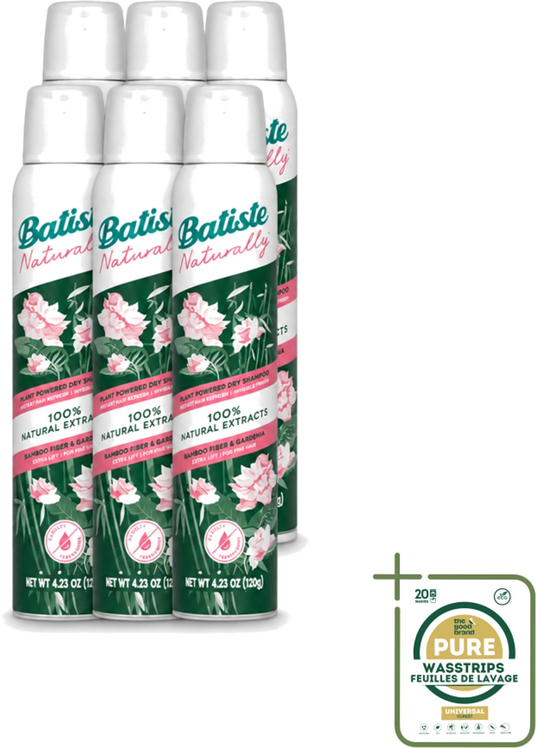 6 x Batiste - Naturally Bamboo Fibre & Gardenia - Droogshampoo - Versterkt en Verfrist - 100% Natuurlijk - 200ml - Wasstrips - Natuurlijke Droogshampoo - Haarkleur - Haartype - Vet Haar - Droog Haar