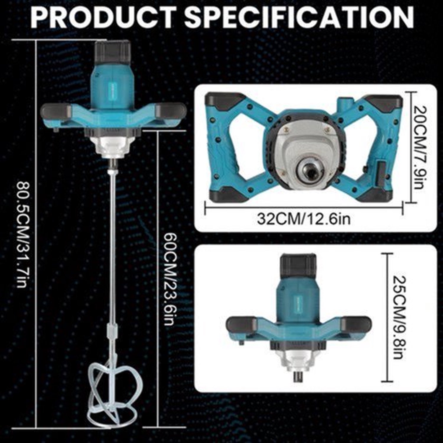 Elektrische Betonmixer Draadloos - Type A-2 Batterijen - 1700 W Vermogen - 6 Snelheden - Aluminium Behuizing - Handheld Mixer