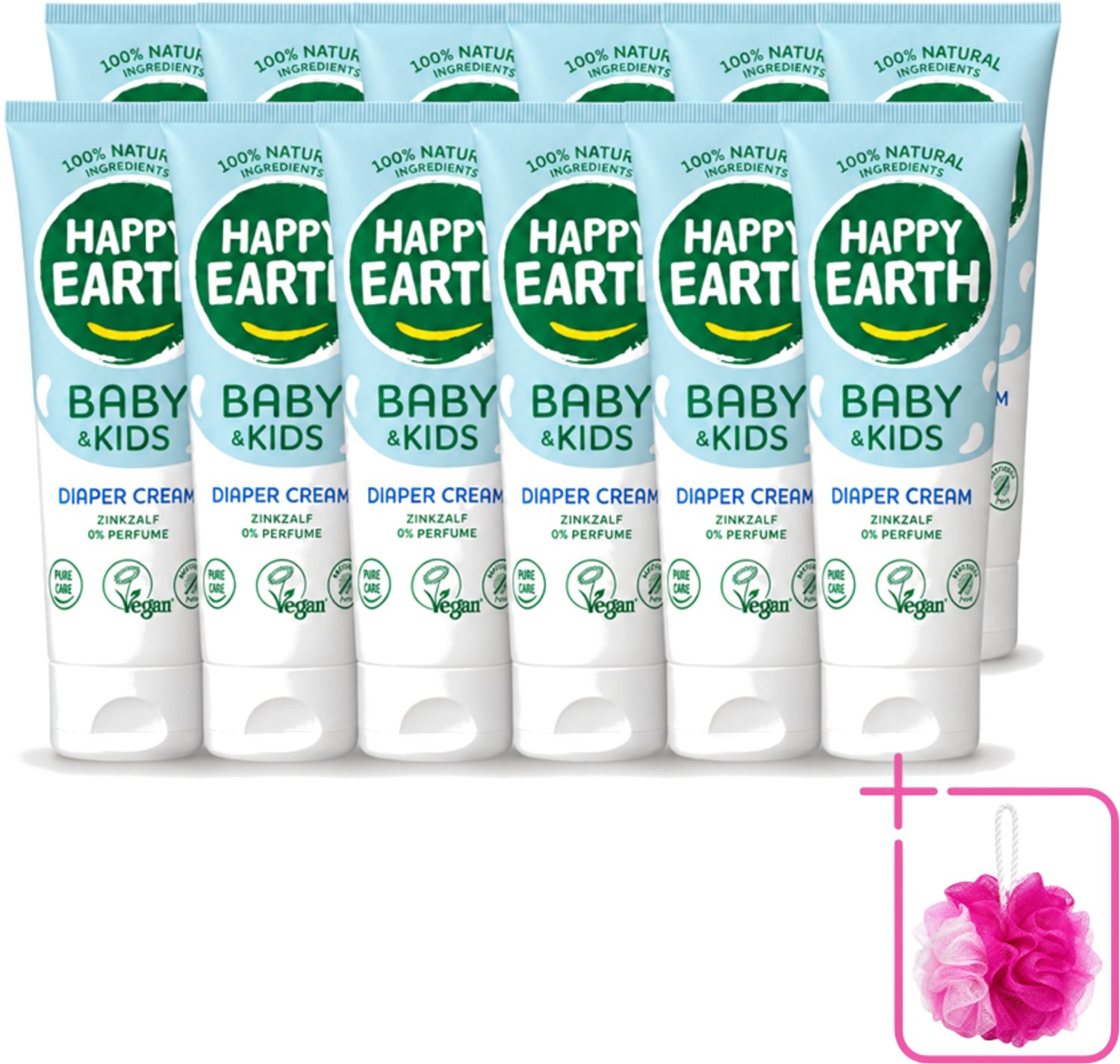 12 x Happy Earth – Diaper Cream – 100% Natuurlijk Baby & Kids – 75 ml - Bulkverpakking - Babybillenbescherming - Douchemop - Luieruitslag voorkomen