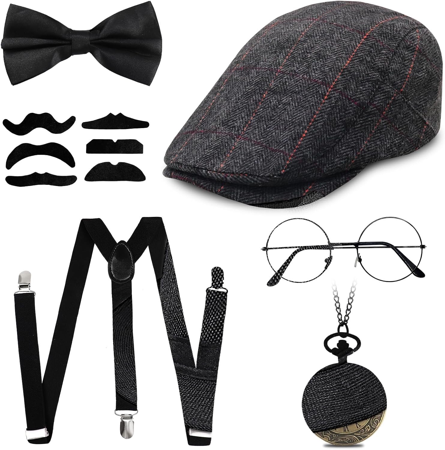 Stijlvol 1920s Gangster Kostuum voor Mannen met Panama Hoed, Elastische Bretels en Accessoires zoals Snor en Zakhorloge