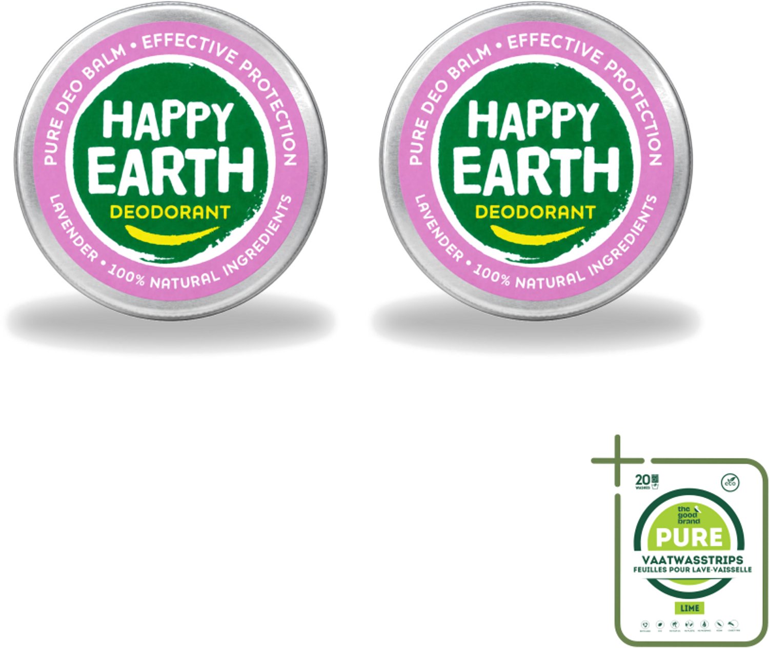 2 x Happy Earth – Deodorant Balm – 100% Natuurlijk Lavender – 45 g - Grootverpakking - Vaatwasstrips - Natuurlijke Deodorant - Frisse Geur - Lavendel - Huidvriendelijk - Aluminiumvrij