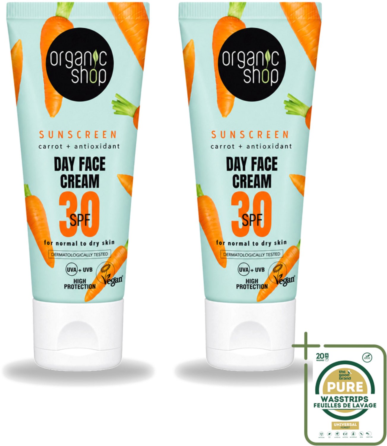 2 x Organic Shop - Zonnebrandcrème Gezicht SPF 30 - Normale Huid - 50 ml - Wasstrips - Zonnebrandcrème - Gezichtsbescherming - SPF 30 - Huidbescherming - UVA/UVB Bescherming