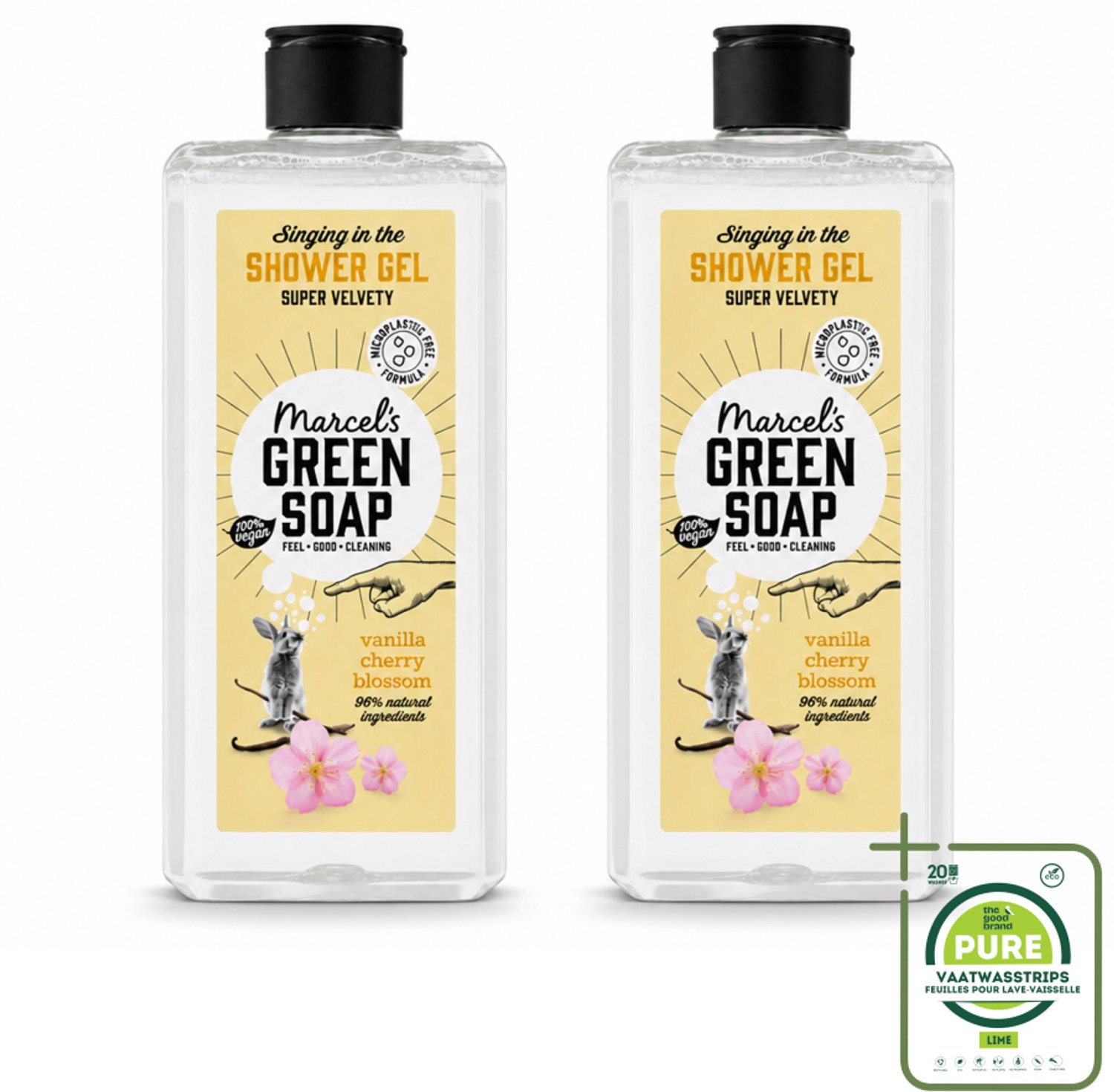 2 x Marcel's Green Soap - Douchegel - Vanille & Kersenbloesem - Verzorgend & zacht - 300 ml - Grootverpakking - Vaatwasstrips - Douchegel - Natuurlijke Verzorging - Ecologische Douchegel - Vegan Douchegel - Biologisch Afbreekbaar