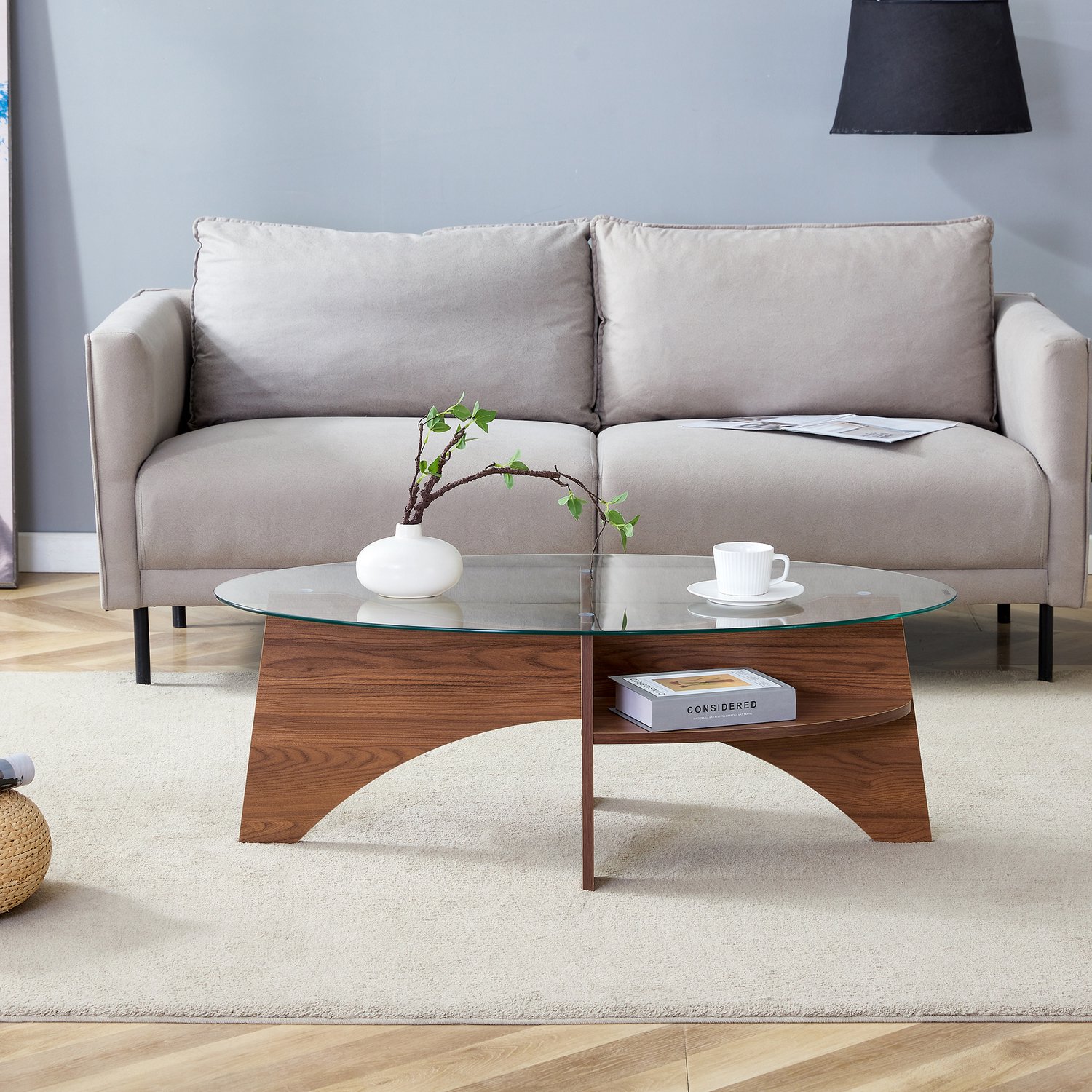 CHICFURN Salontafel - Opbergplank - Ovaal - Transparant en walnootkleurig