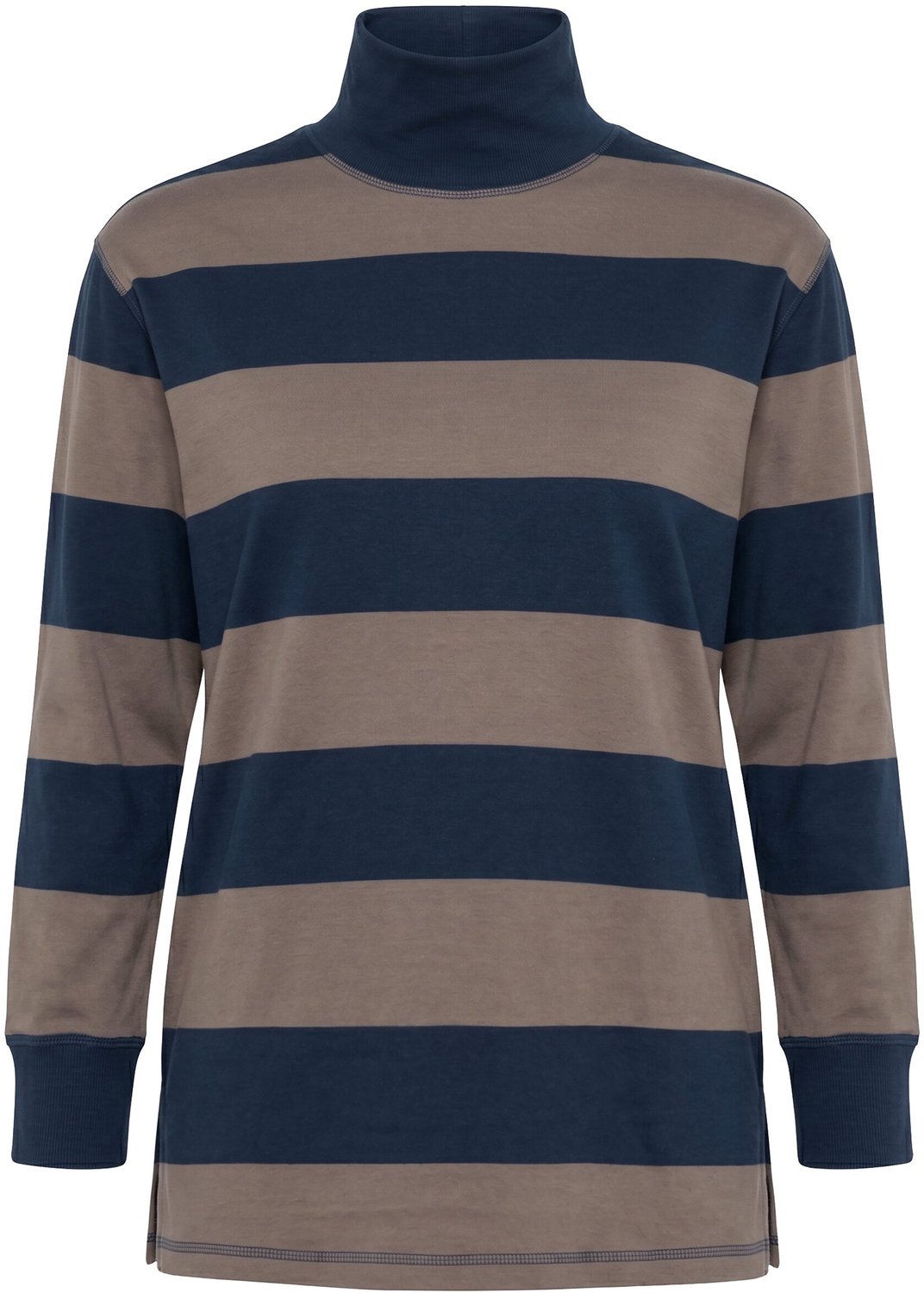 Ulla Popken - Dames - Sweatshirt strepen opstaande kraag lange mouw - Kiezel bruin - Maat 42+