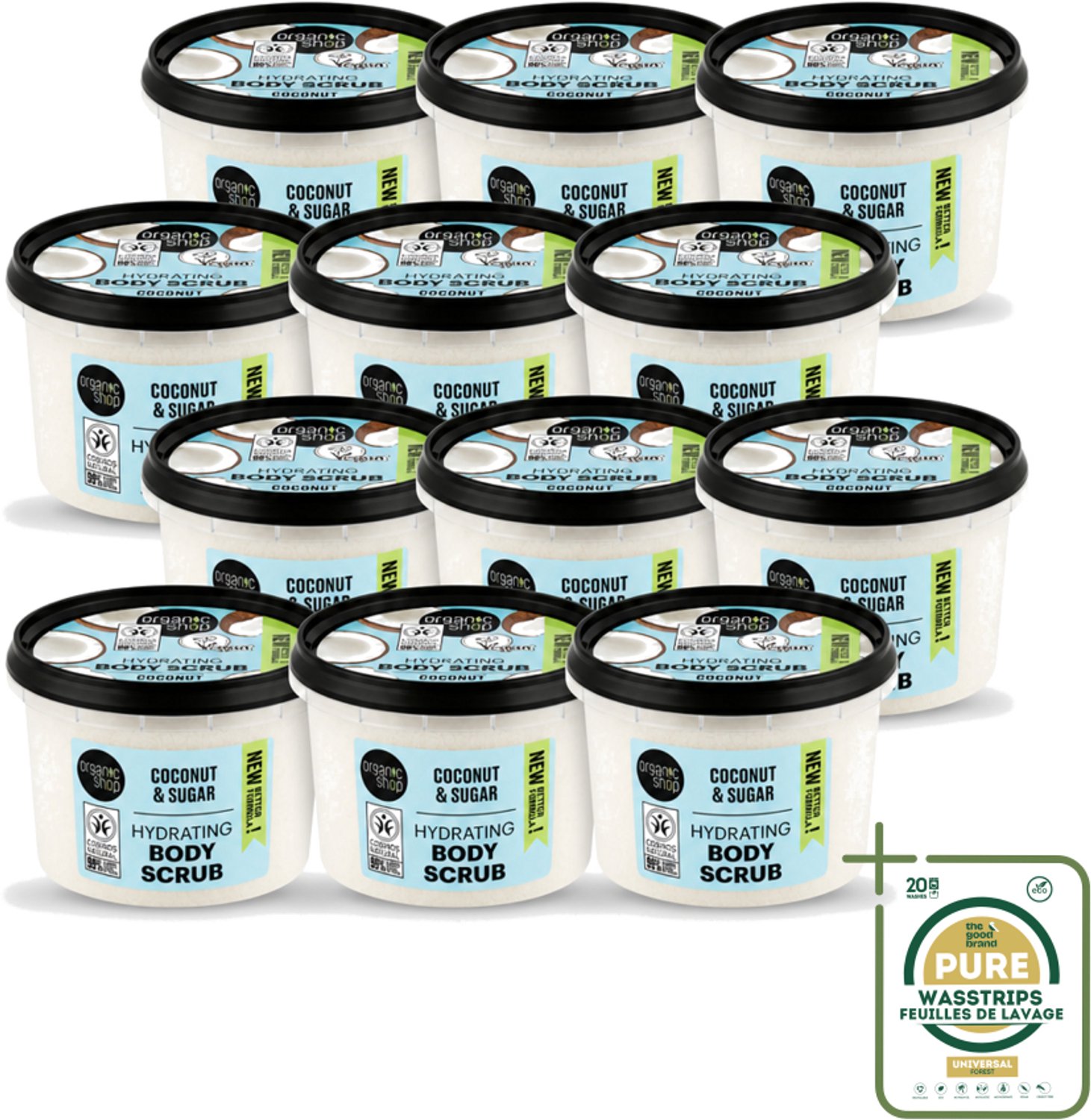 12 x Organic Shop - Hydrating Body Scrub Coconut - Diep Voedend - 250 ml - Wasstrips - Huidverzorging - Suikerscrub - Kokosolie - Exfoliatie - Hydratatie
