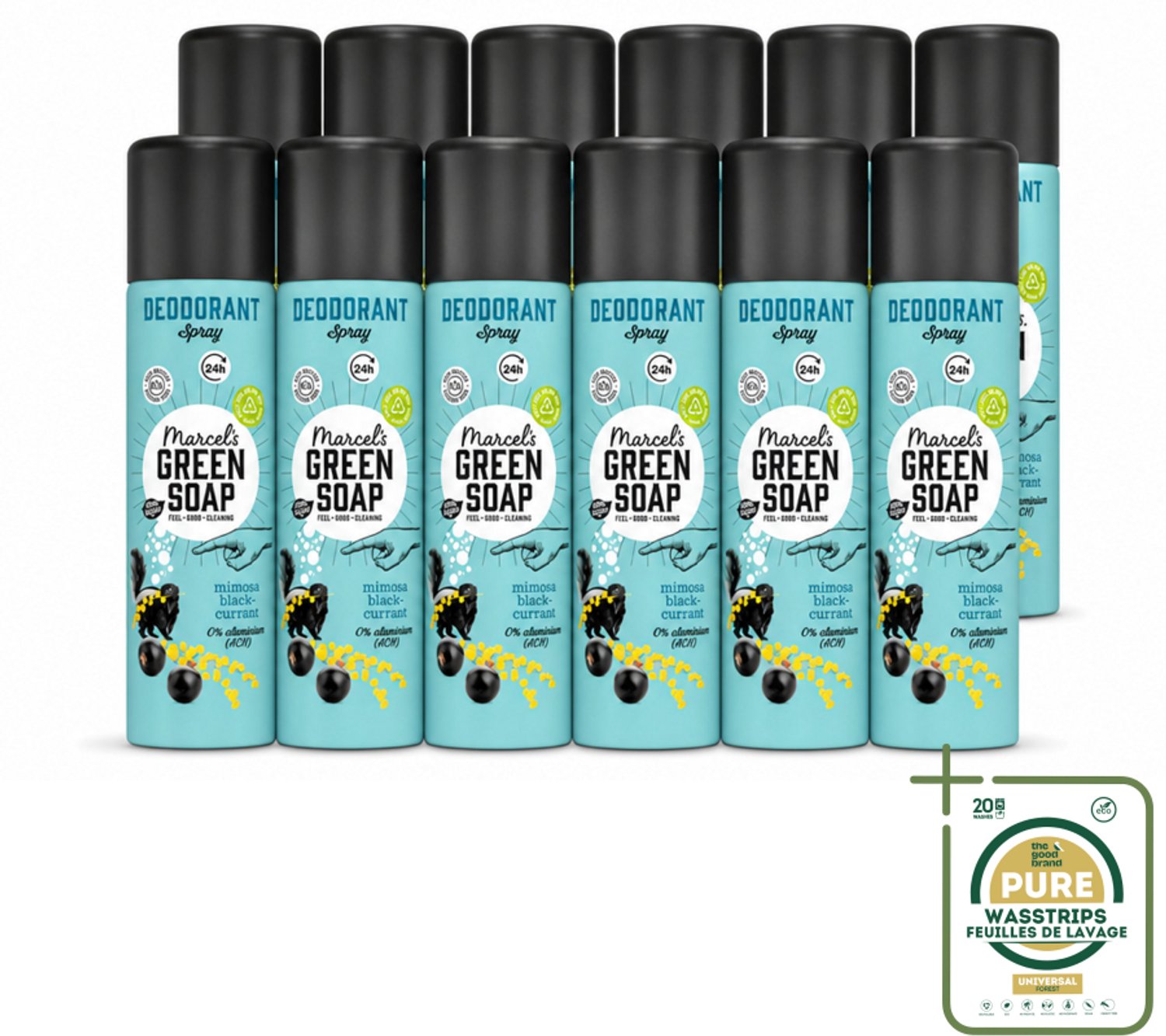 12 x Marcel's Green Soap - Deodorant Spray - Mimosa & Blackcurrant - Langdurige frisheid - 150 ml - Wasstrips - Deodorant Spray - Geur - Frisheid - Mimosa - Zwarte Bes