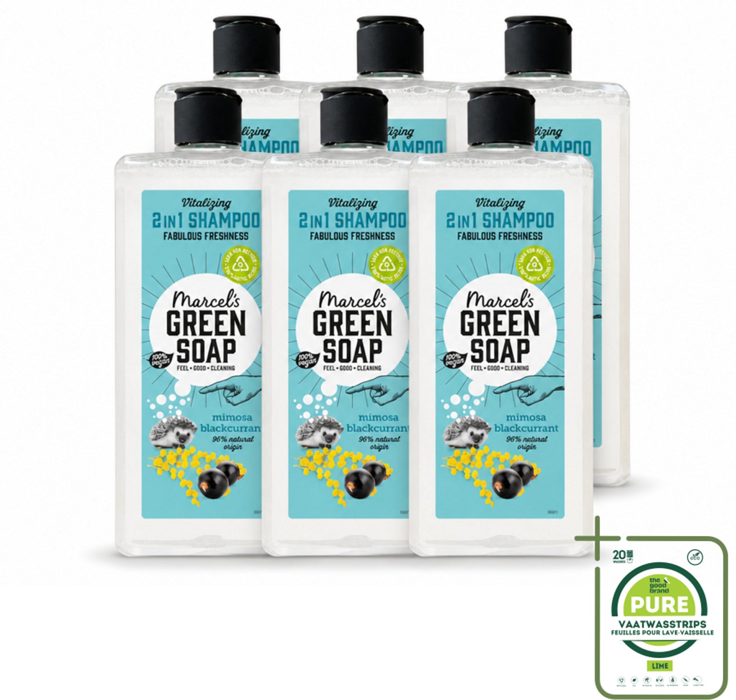 6 x Marcel's Green Soap - Shampoo & Conditioner 2-in-1 - Mimosa & Black Currant - Verzorging in één - 300 ml - Grootverpakking - Haarverzorging - Natuurlijke Shampoo - Natuurlijke Conditioner - 2 In 1 Shampoo Conditioner - Mimosa En Zwarte Bes