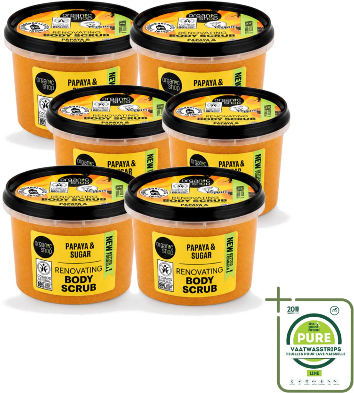 6 x Organic Shop - Body Scrub Papaya - Exfoliërend en Hydraterend - 250 ml - Grootverpakking - Vaatwasstrips - Bodyscrub Papaya - Exfoliatie Huid - Natuurlijke Huidverzorging - Huidhydratatie - Papaya Enzymen