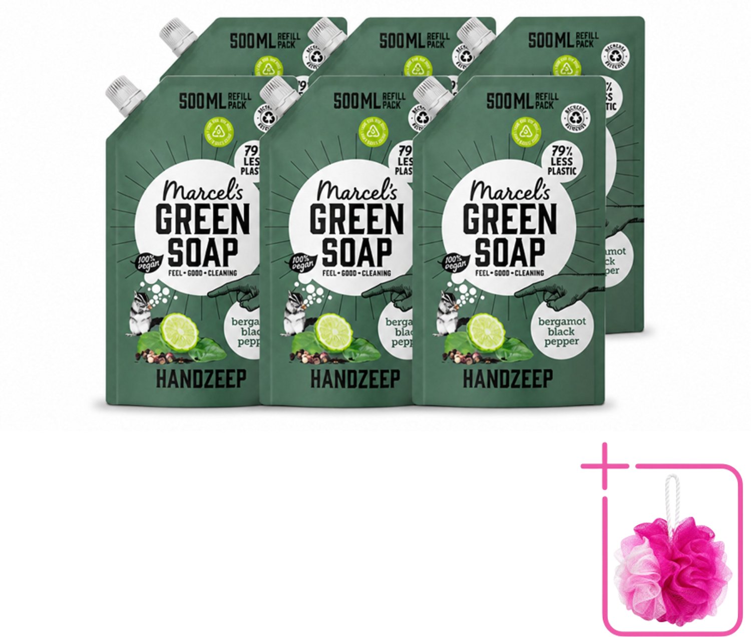 6 x Marcel's Green Soap - Handzeep - Bergamot & Black Pepper - Natuurlijke verzorging - 500 ml - Bulkverpakking - Handzeep navulling - Douchemop - Biologisch afbreekbaar