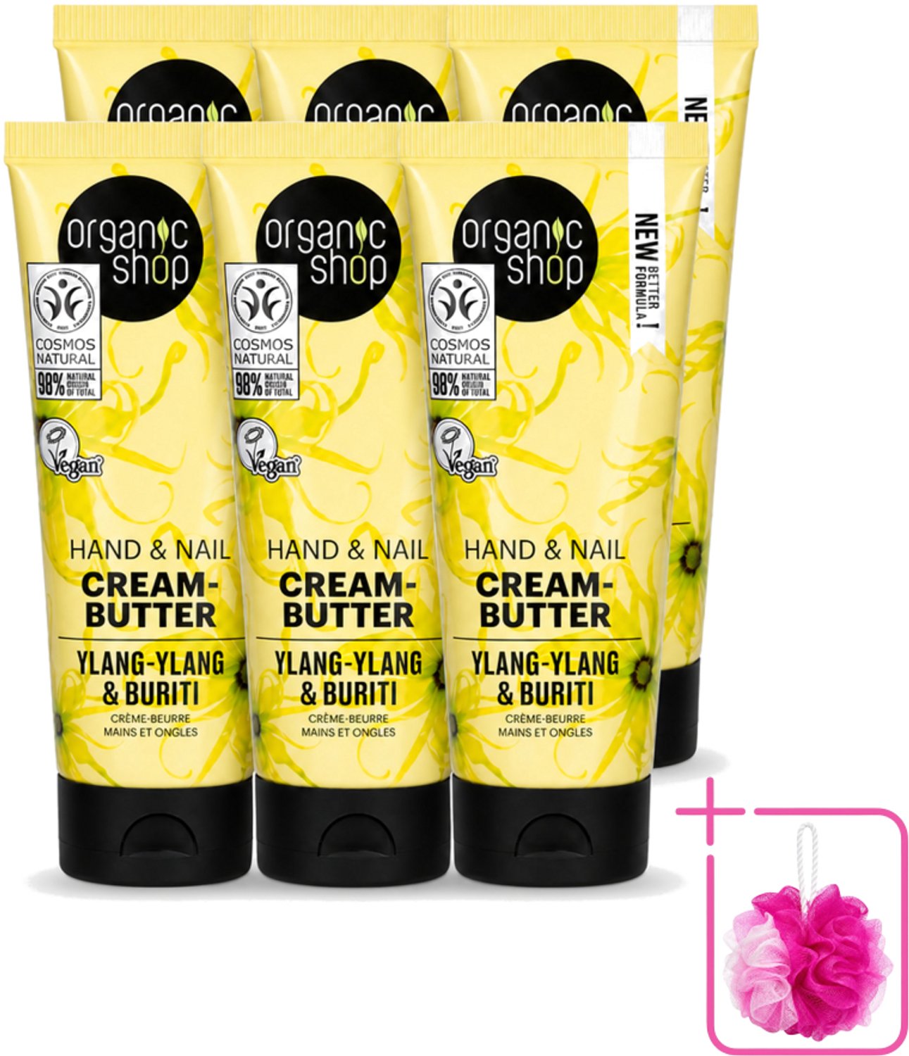 6 x Organic Shop - Ylang-Ylang & Buriti Hand & Nail Cream - Verzachtend en Herstellend - 75 ml - Bulkverpakking - Handcrème - Douchemop - Nagelcrème