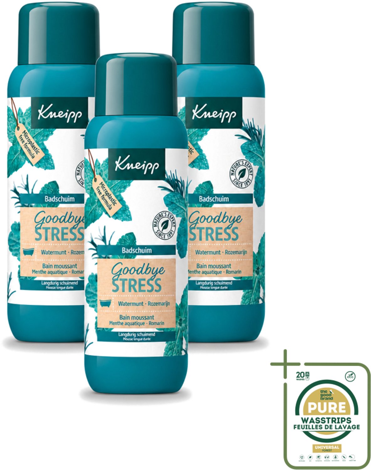 3 x Kneipp - Badschuim - Goodbye Stress - Watermunt & Rozemarijn - 400 ml - Wasstrips - Ontspanning Bad - Stressvermindering - Badschuim Watermunt - Badschuim Rozemarijn - Kneipp Badschuim