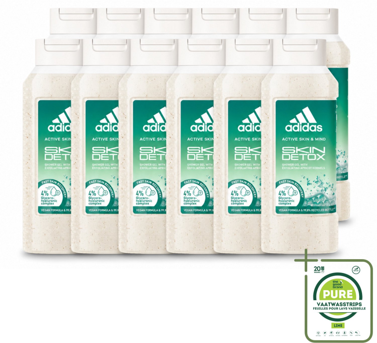 12 x Adidas – Douchegel – Active Skin & Mind Skin Detox – 250 ml - Grootverpakking - Vaatwasstrips - Douchegel - Huidverzorging - Detox - Exfoliatie - Abrikozenpit