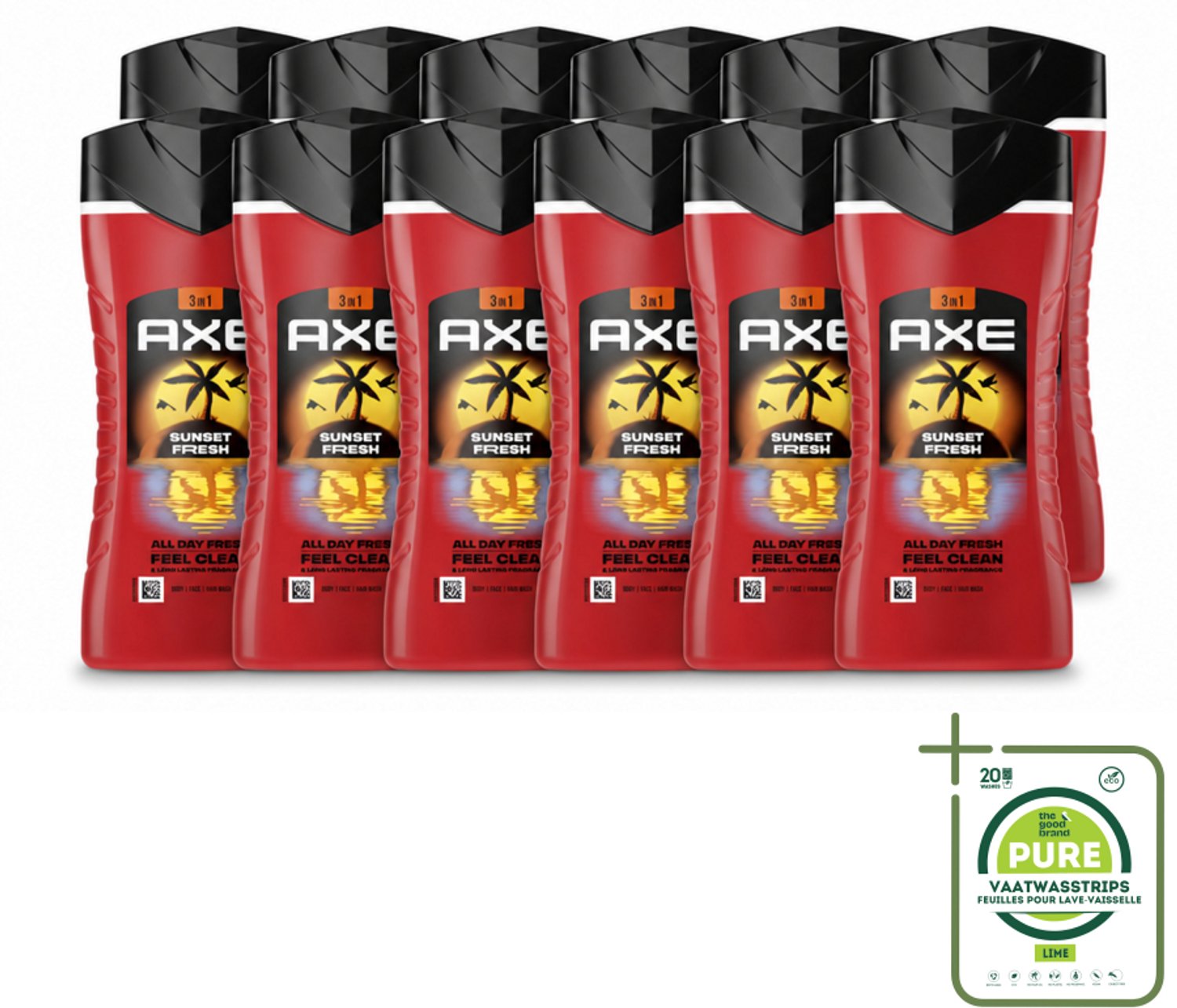 12 x Axe – Douchegel 3-in-1 – Sunset Fresh – 250 ml - Grootverpakking - Vaatwasstrips - Douchegel - Frisheid - Geur - Lichaam - Gezicht