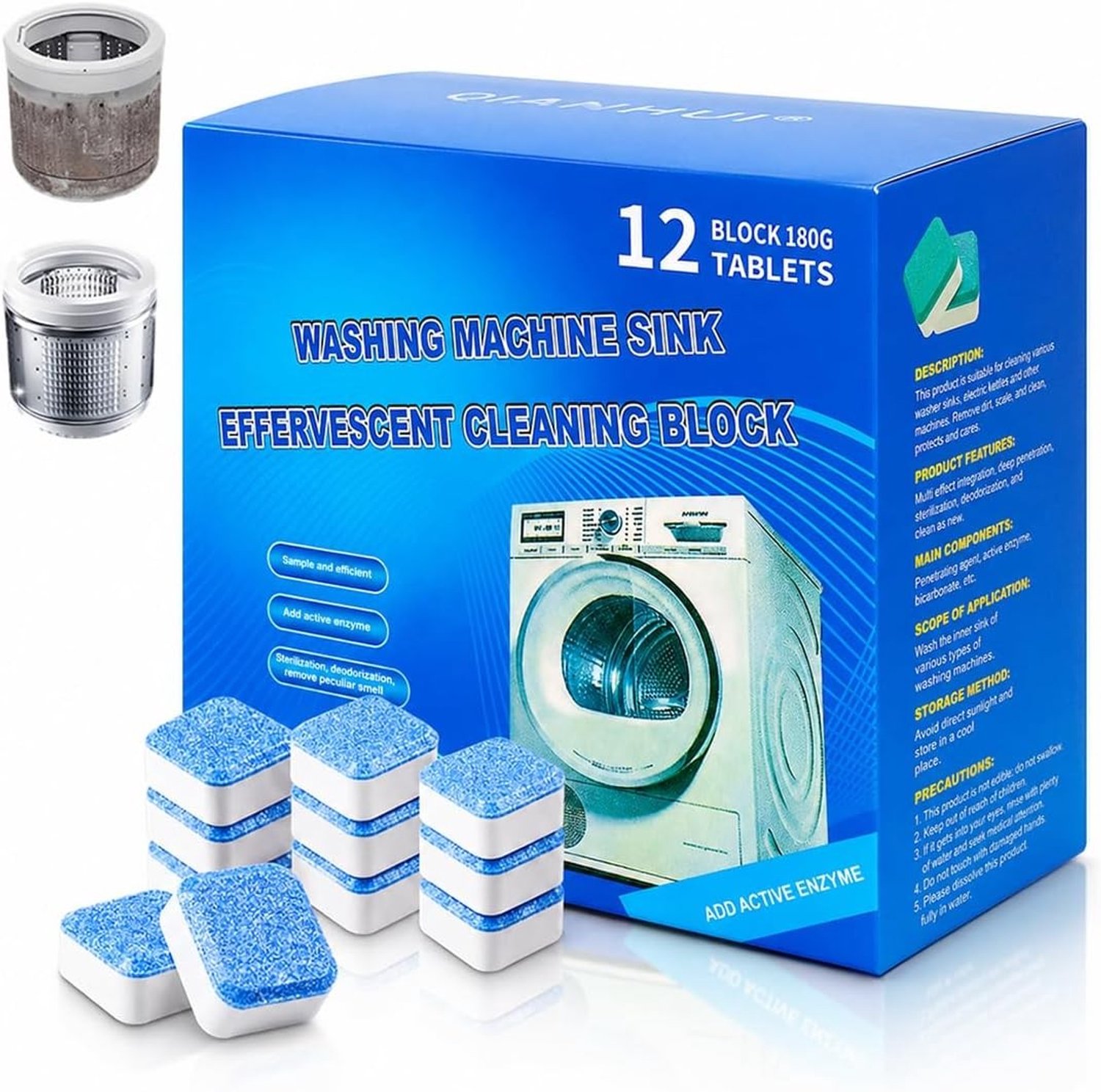 Reinigingstabletten voor Trommelwasmachines - 12 Stuks - Effervescent - Voor Periodieke Reiniging