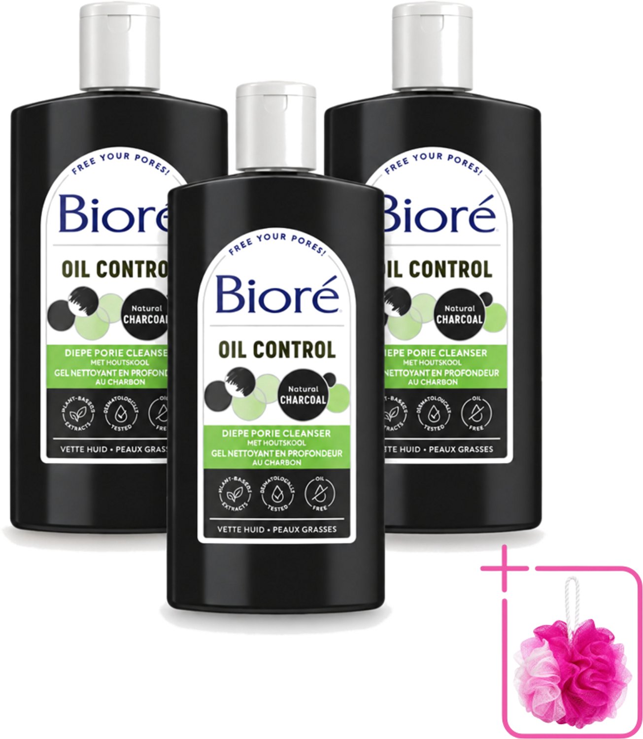 3 x Bioré – Houtskool Reinigingsgel – Gezichtsreiniger – 200 ml - Bulkverpakking - Gezichtsreiniger - Douchemop - Houtskool