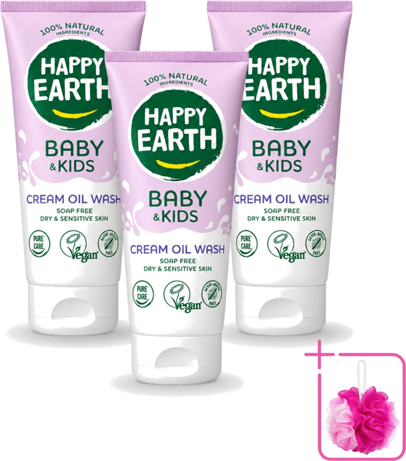 3 x Happy Earth – Cream Oil Wash – 100% Natuurlijk Baby & Kids – 200 ml - Bulkverpakking - Babyolie - Douchemop - Gezichtsolie