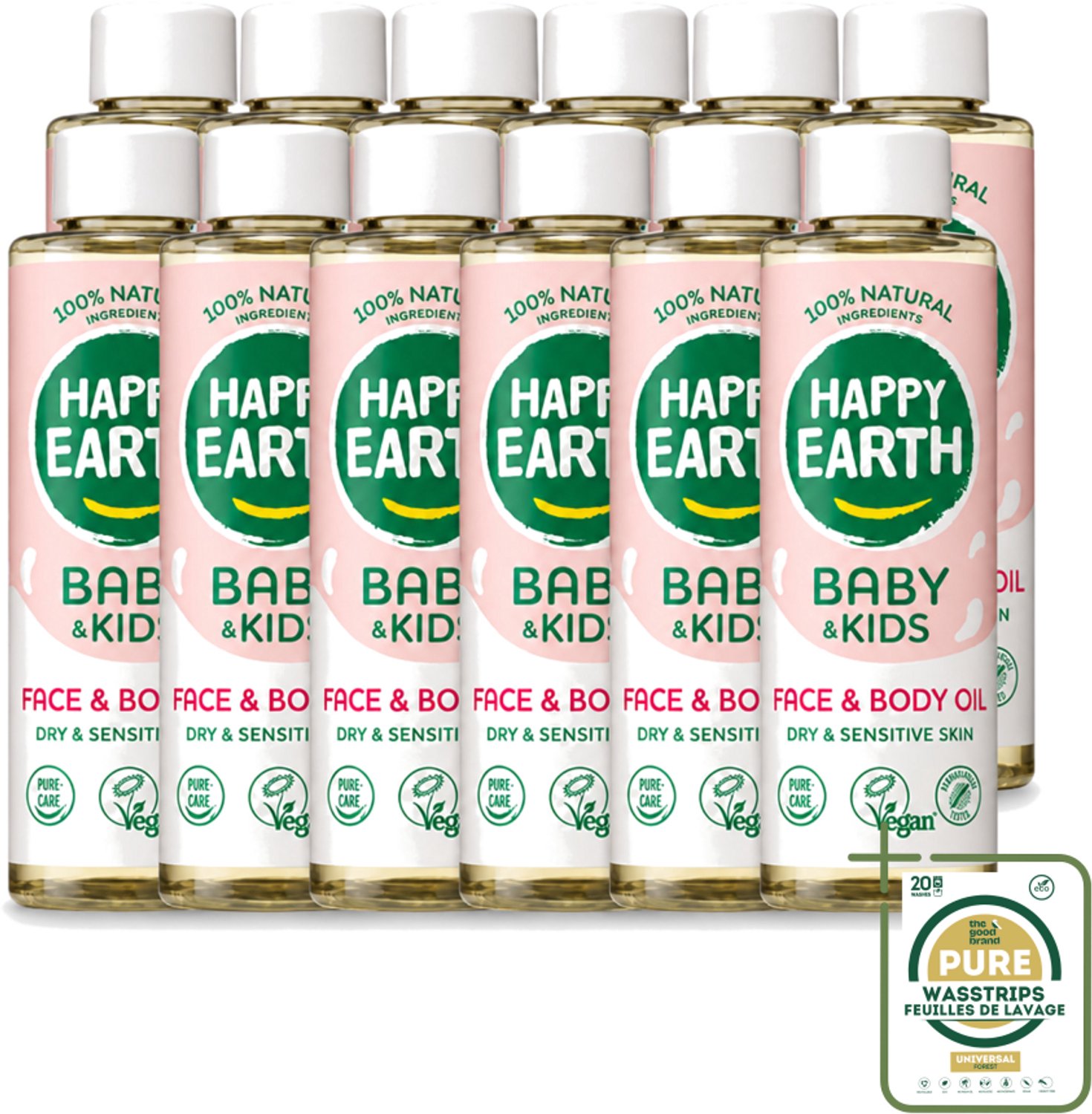 12 x Happy Earth – Face & Body Oil – 100% Natuurlijk Baby & Kids – 150 ml - Wasstrips - Babyolie - Gezichtsolie - Lichaamsoil - Natuurlijke Huidverzorging - Gevoelige Huid