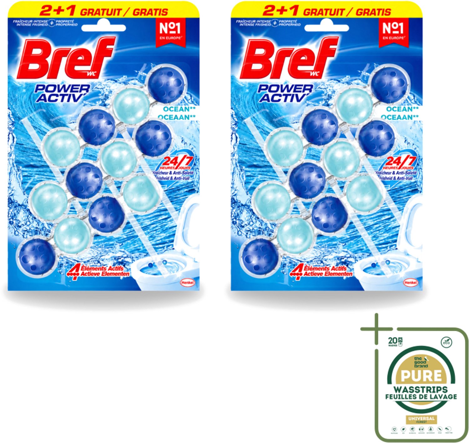 2 x Bref – Toiletblok – Power Aktiv Ocean – Multipack - Wasstrips - Toiletblok Multipack - Anti-kalk Toiletblok - Frisse Toiletgeur - Krachtige Reiniging - Ocean Geur