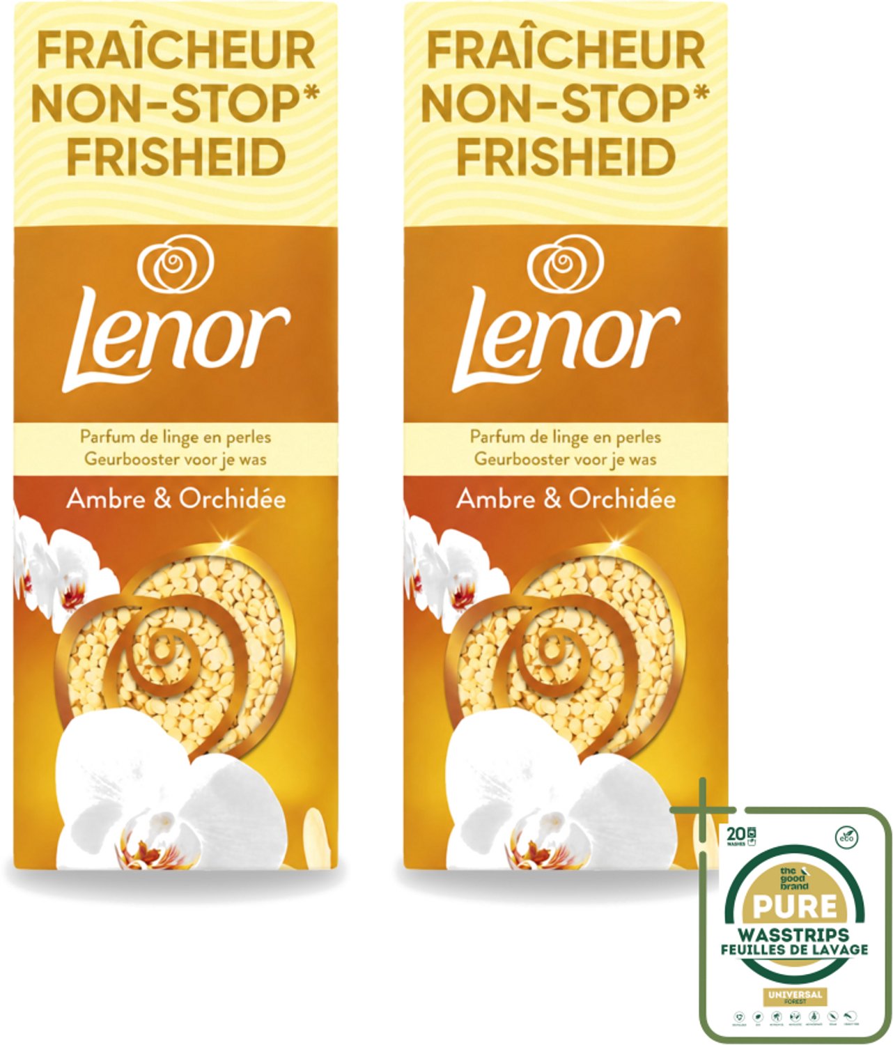 2 x Lenor – Geurbooster – Amber & Orchidee – 12 Wasbeurten – 155 g - Wasstrips - Geurparels - Wasgeur - Luxegeur - Orchidee - Vanille