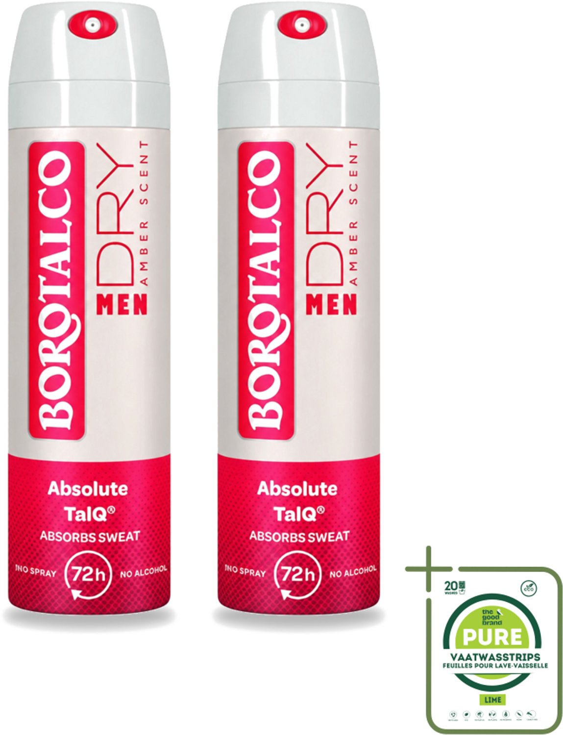 2 x Borotalco – Deodorant Spray – Men Amber Geur – 150 ml - Grootverpakking - Vaatwasstrips - Deodorant Spray - Mannelijke Geur - Amber - Frisheid - Transpiratie Bescherming