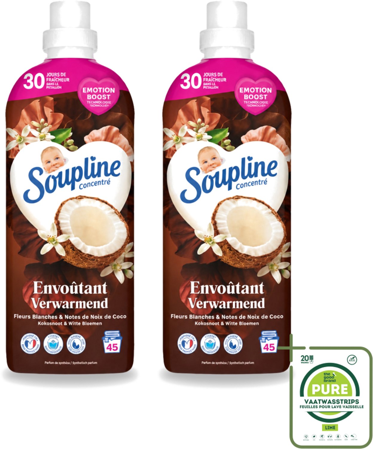 2 x Soupline – Wasverzachter – Verwarmende Kokosnoot & Witte Bloemen – 950 ml - Grootverpakking - Vaatwasstrips - Wasverzachter - Kokosnoot - Witte Bloemen - Warme Geur - Wasgoed