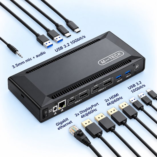 Zwart M-TECK dockingstation met labels voor poorten: HDMI, DisplayPort, USB 3.0, Ethernet en 3,5mm audio-aansluiting.