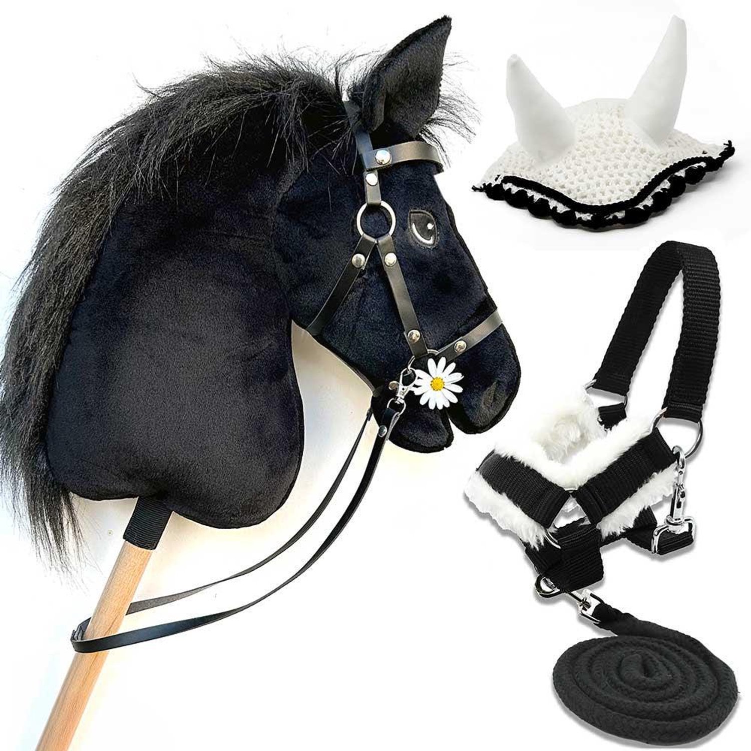 Hobby Horse Land Hobbyhorse Stormy Zwart Paard - Maat A3 (L) - Met Zwart Halster, Hoofdstel en Witte Vliegenkap
