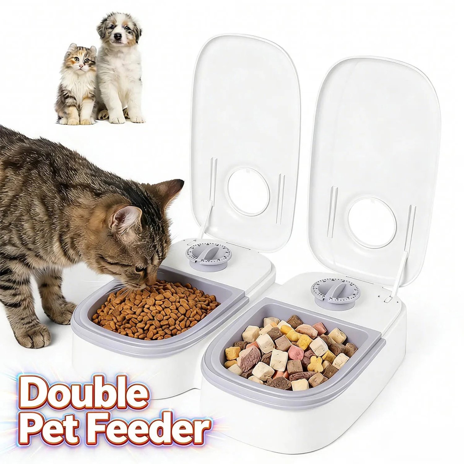 Heidat automatische voerbak - Voerautomaat voor Honden en katten - 48 uur timer - Nat en droogvoer - 2 stuks - Wit