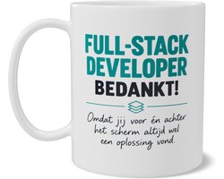 Koffiemok Full-Stack Developer Bedankt Omdat Jij Voor En Achter Het Scherm Altijd Wel Een Oplossing Vond Afscheidscadeau IT Software Ontwikkelaar Beker met Dubbelzijdige Print voor Bureau en Thuis