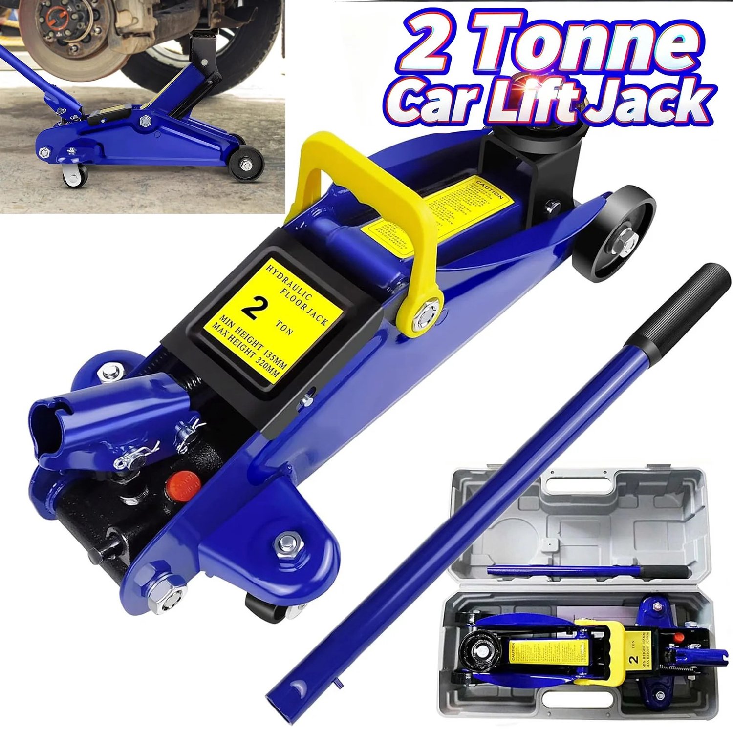 Heidat autokrik - Hydraulische krik - 2 ton - Hefhoogte 13,5 tot 32 cm – Stevig en stabiel - Staal – Met Zwenkwielen en Draagkoffer