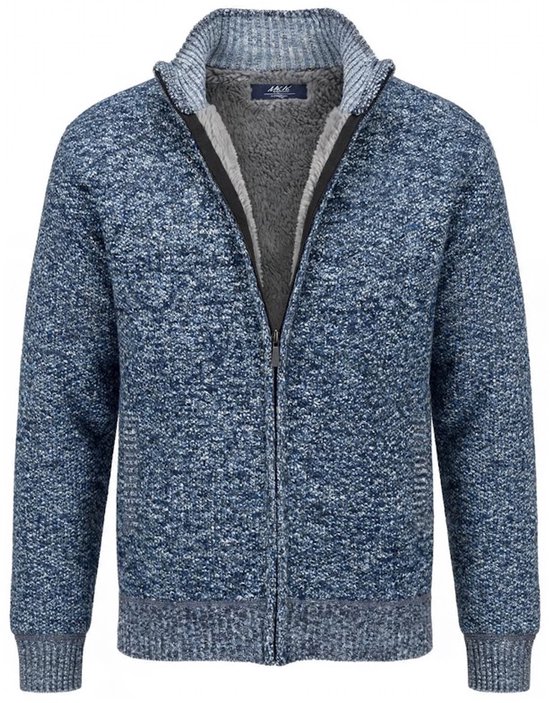 Blauw gemêleerd vest met ritssluiting, opstaande kraag en zachte grijze teddyvoering.