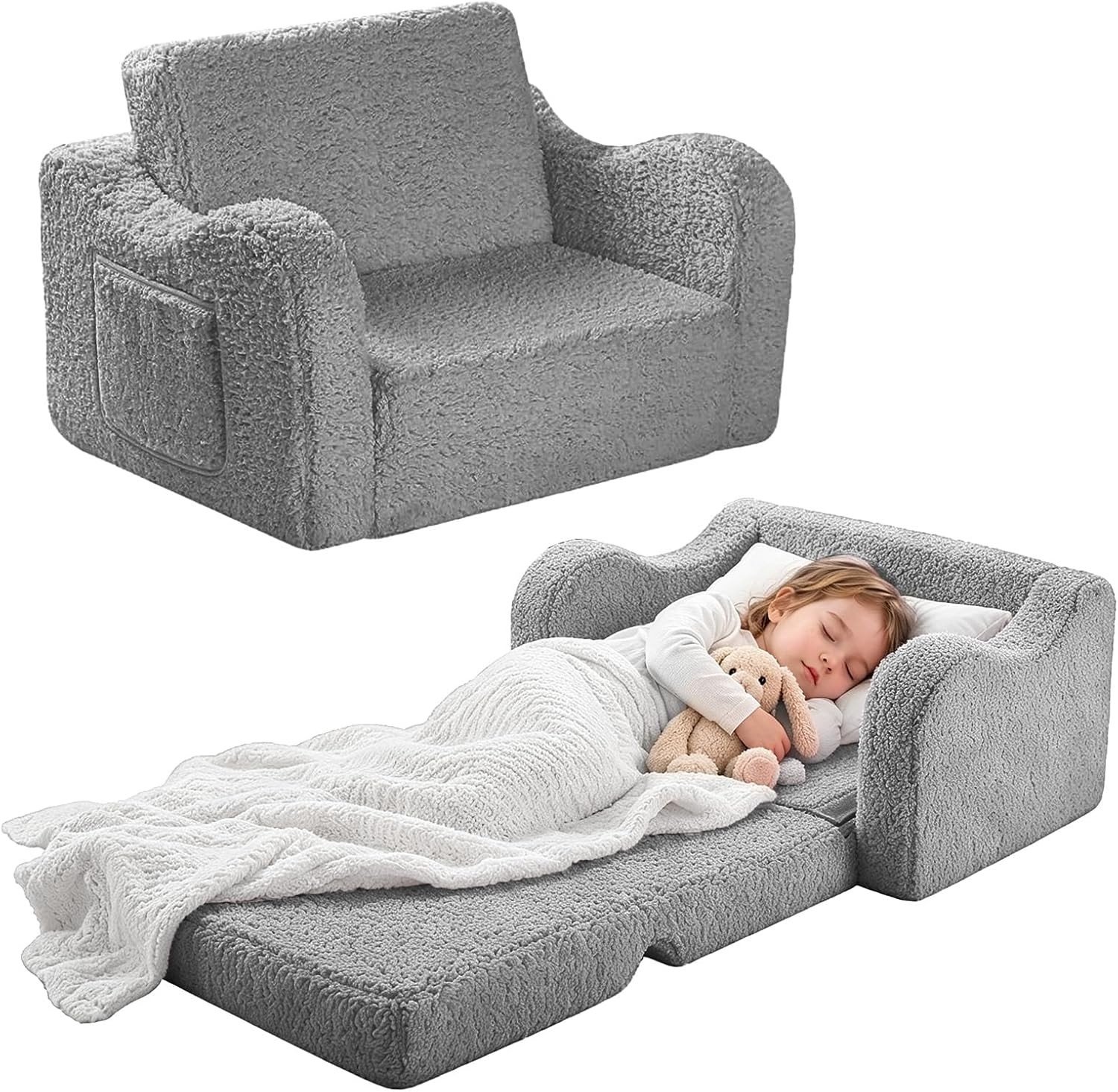 Comfortabele Vouwbare 2-in-1 Kinderbank en Stoel, Sherpa Sofa voor Kinderen, Ideaal voor Kinderkamer en Speelruimte, Grijs
