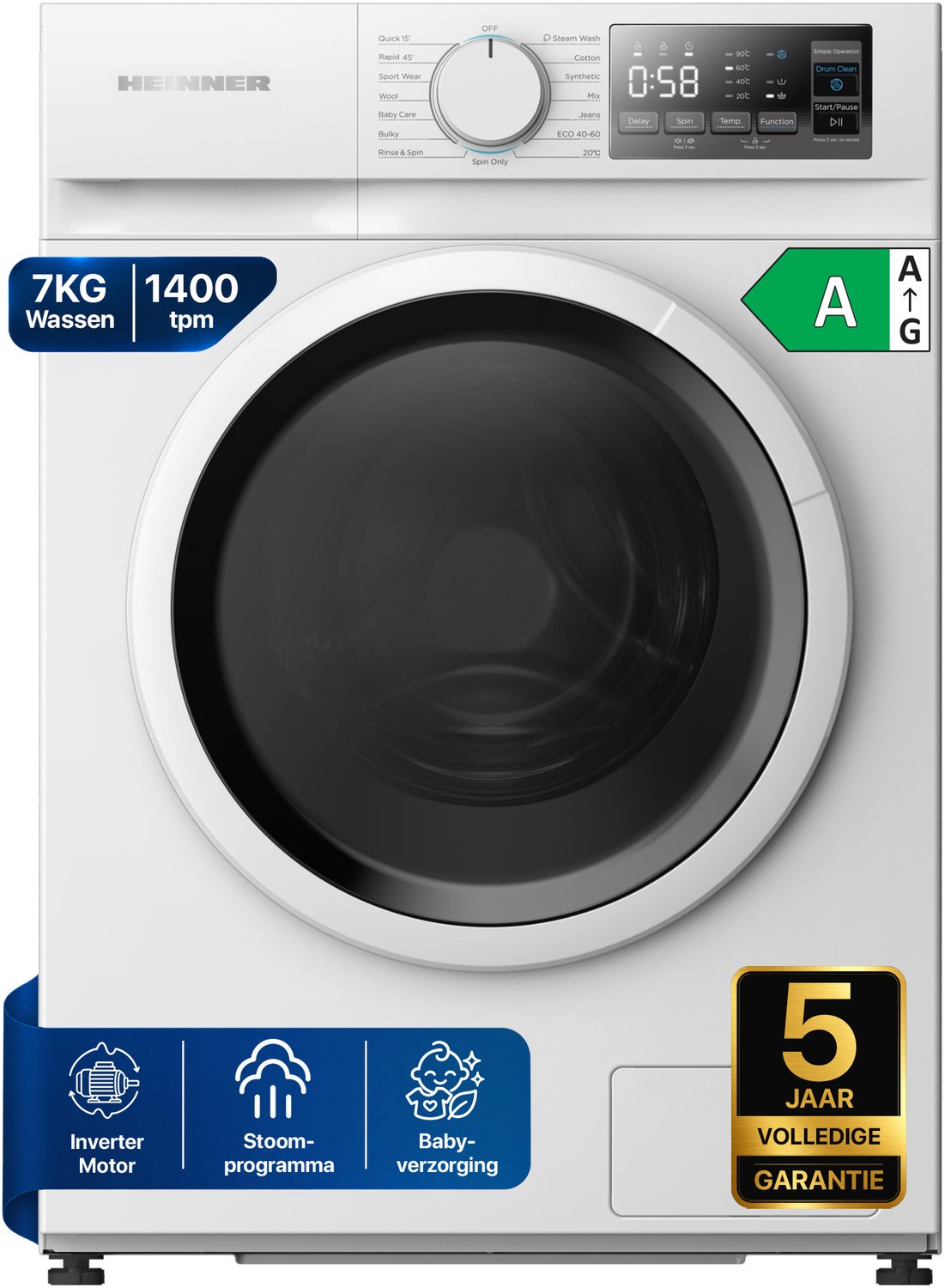 Heinner HWM-M714IVSMNA+++ Smalle Wasmachine 7 kg – 15 Programma’s Met Stoomfunctie – 1400 tpm – Energieklasse A – LED Display – Wit – 5 Jaar Garantie