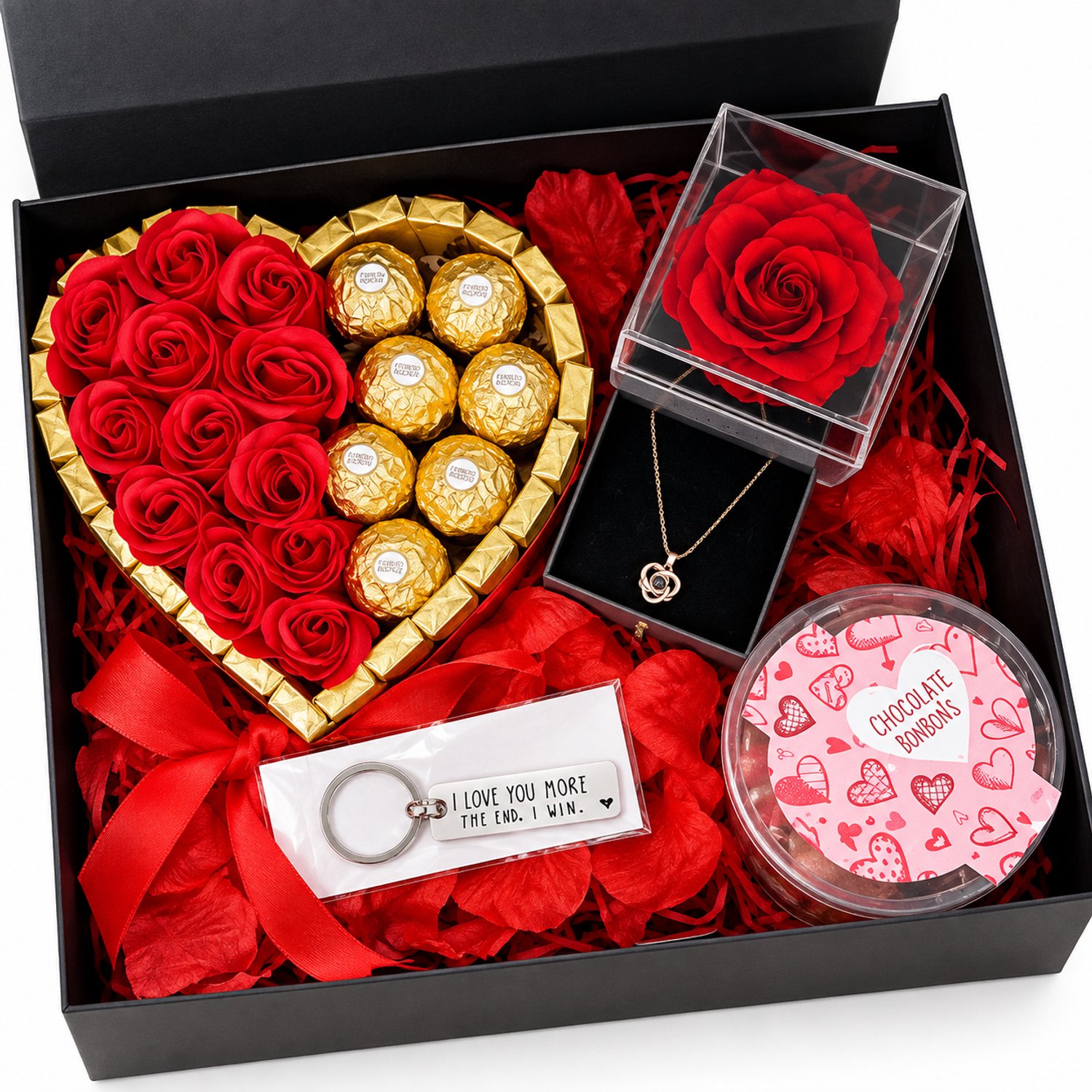 Nina's Giftshop® Valentijn Geschenkset – Chocolade Hart – Eeuwige Roos – Bonbons – Ketting – I Love You – Romantisch Cadeau – Cadeau voor Haar & Hem