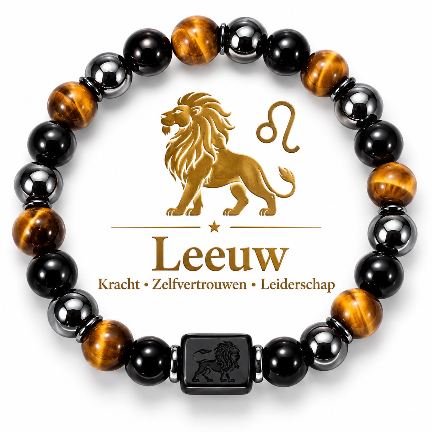 S4H Sterrenbeeld Armband Leo – Tijgeroog, Hematiet & Obsidiaan | Leeuw Edelsteen Armband