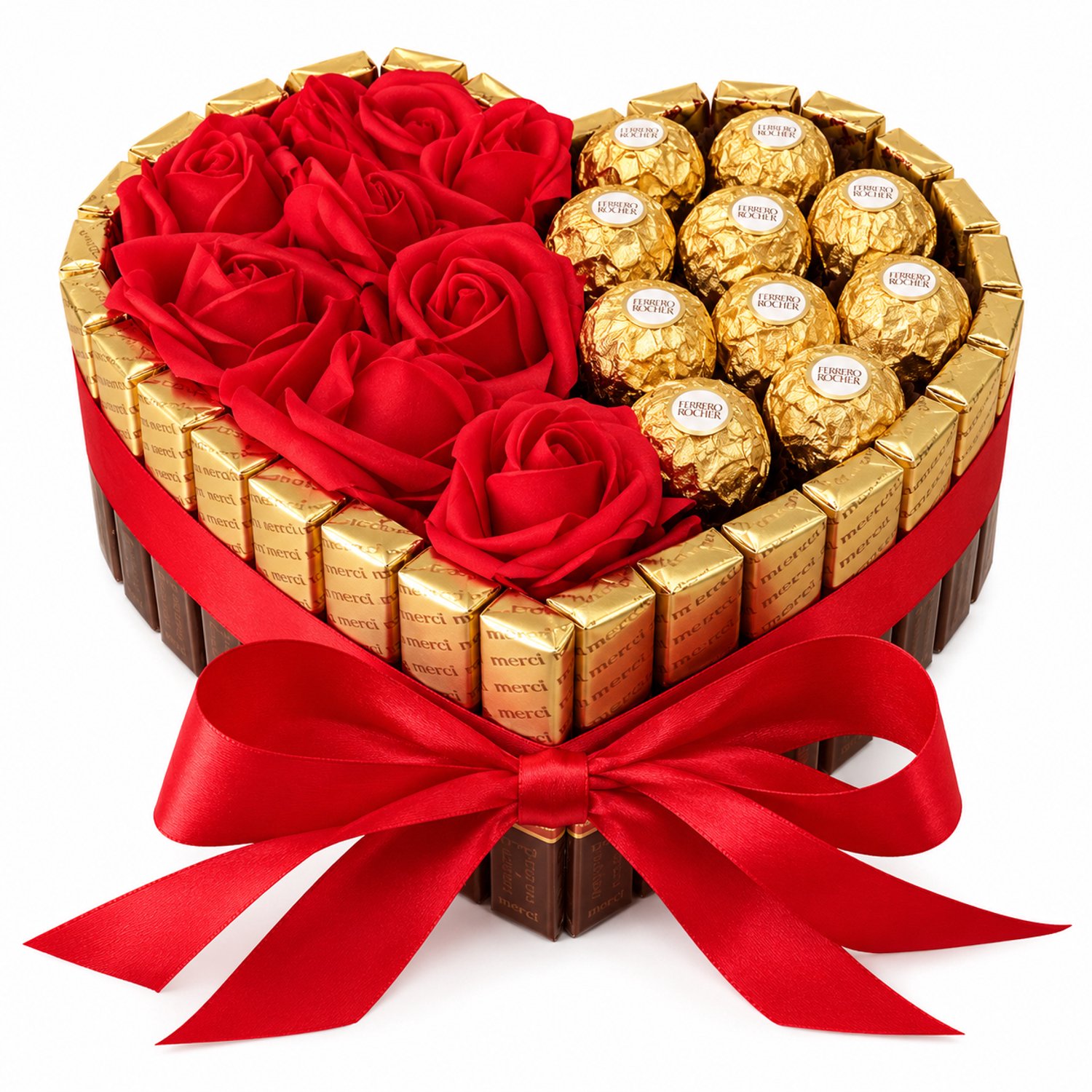 Nina's Giftshop® Chocolade Geschenk Hart – Merci & Ferrero Rocher – Handgemaakt Cadeau – Chocolade Hart – Valentijn Cadeau – Romantisch Geschenk – Cadeau voor Haar of Hem