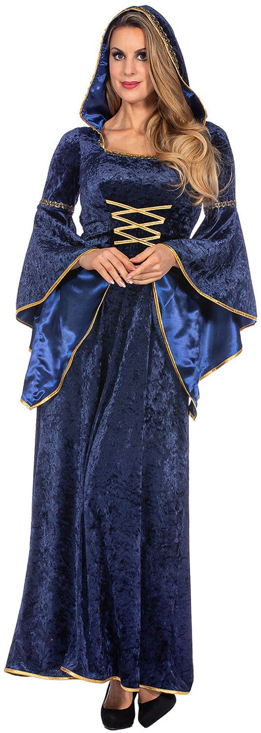 Wilbers Karnaval BV - Luxe lange middeleeuwse jurk met capuchon marineblauw voor dames - 46