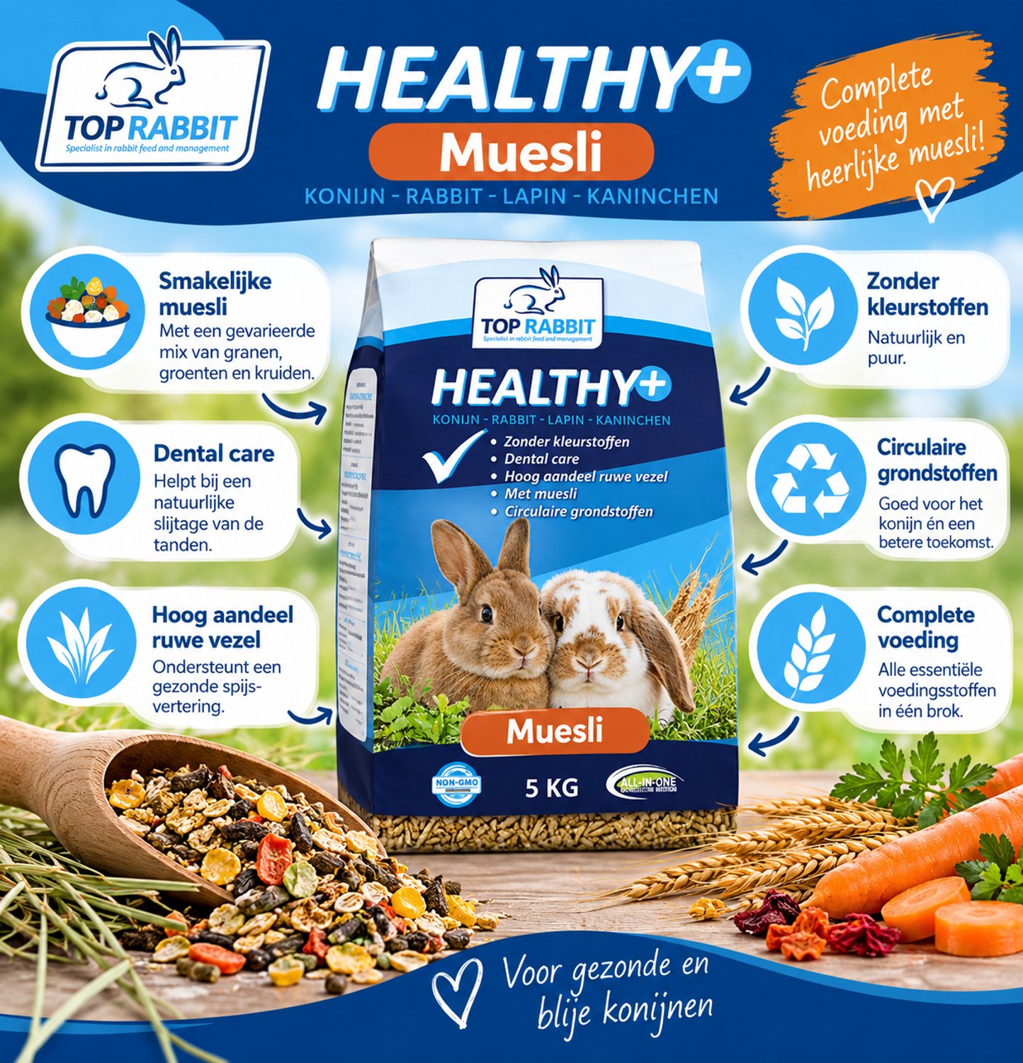 Top Rabbit Healthy+ MUESLI - Konijnenvoer – Premium Konijnenbrokken & muesli – vezelrijk - 5 kg